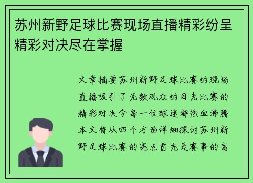苏州新野足球比赛现场直播精彩纷呈精彩对决尽在掌握